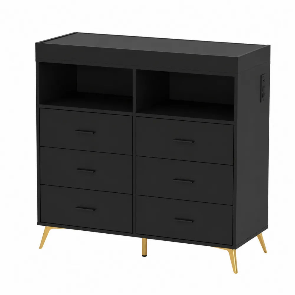 Cassettiera in Legno Nero con Gambe in Metallo Dorato