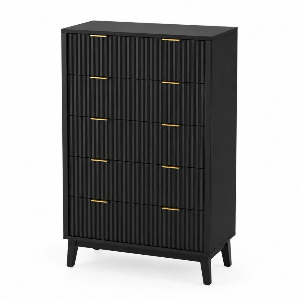 Cassettiera in Legno MDF Nera con 5 Cassetti e Maniglie Dorate