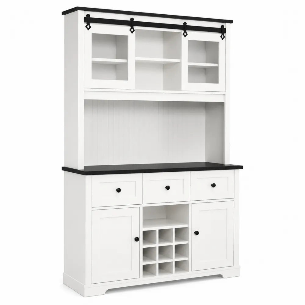 Credenza con Vetrina in Legno Bianco e Nero con Ripiani