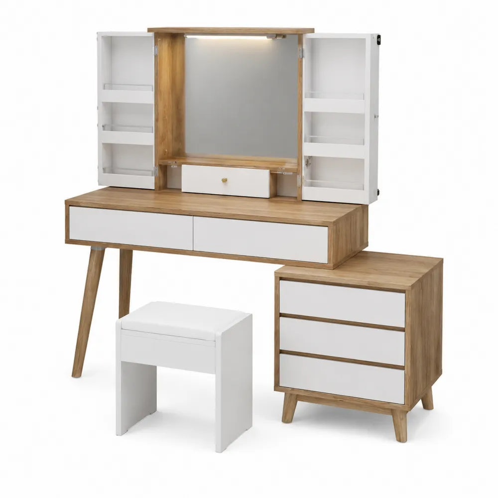 Set cassettiera e toletta con specchio legno e bianco 120x40x75 cm