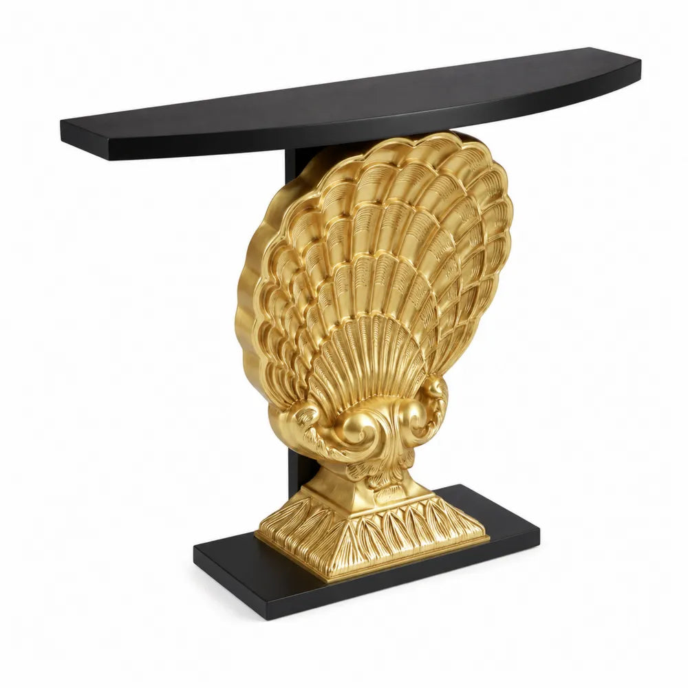 Consolle in Legno MDF Nero e Oro con Motivo a Ventaglio